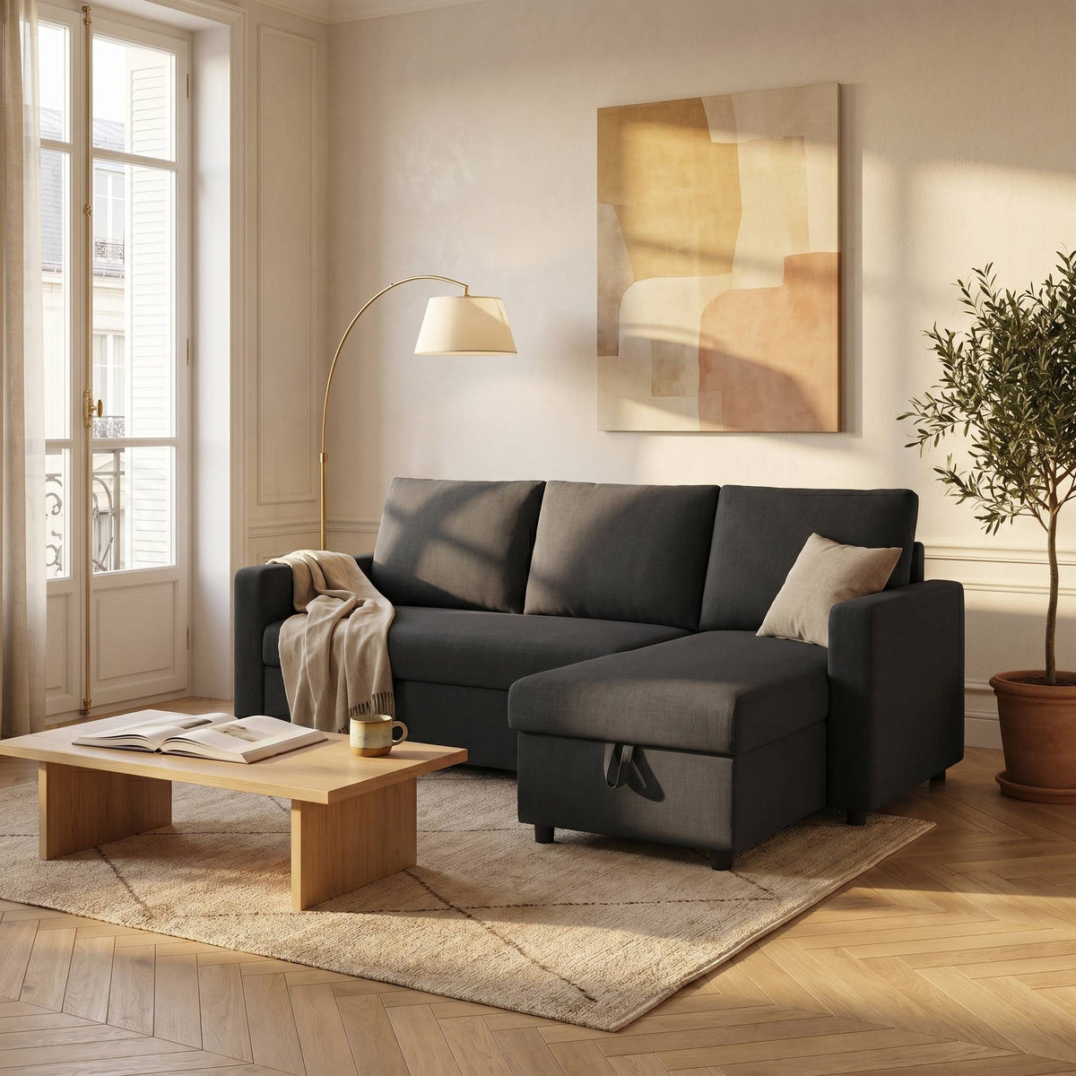 Canape d'angle convertible avec coffre de rangement | Maël
